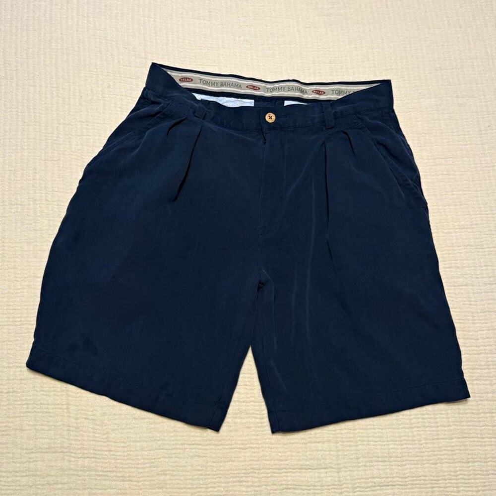 VTG Tommy Bahama Men's Blue Silk Pleated Shorts 8" Inseam Gripper Waist Pockets